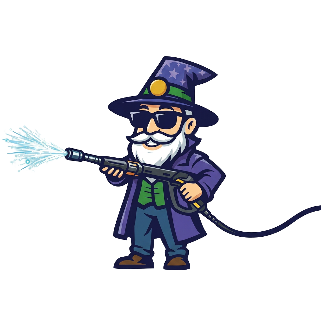Wash Wizard mascot blasting away dirt with a pressure washer